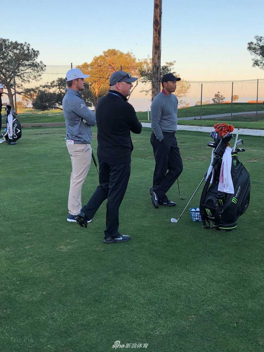 老虎伍兹在练习果岭上全神贯注地推杆，目光如炬紧盯小球路线，展现出对推杆手感一丝不苟的追求。