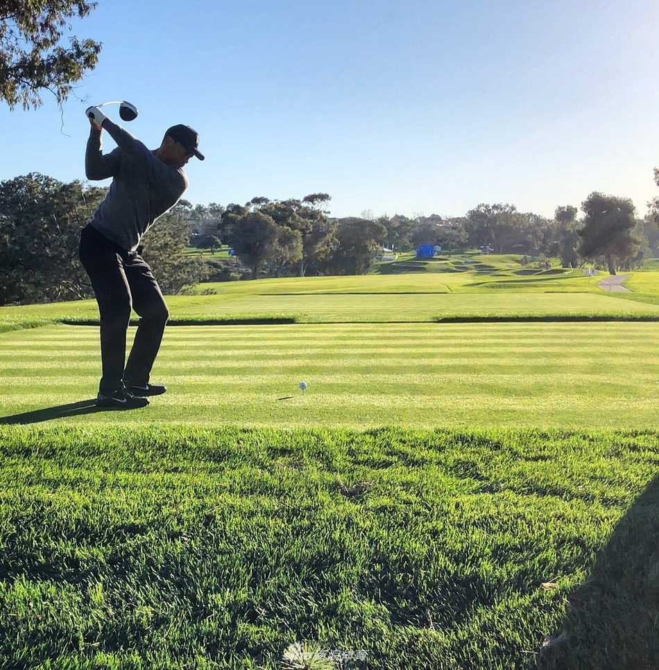 老虎伍兹在练习场进行铁杆击球，下杆动作流畅有力，目光紧随击出的球路，专注完成每一次练习。