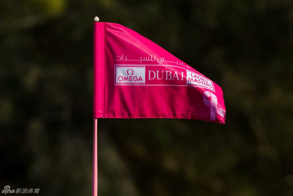 一面醒目的粉色果岭旗插在洞杯旁，在微风中轻轻摇曳，与绿色的草坪形成鲜明对比，无声地诉说着公益主题。