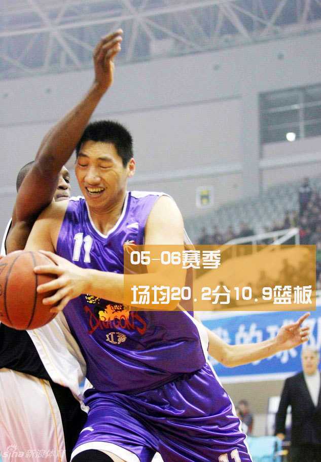 姚明身穿火箭队服站在全明星舞台上，身后是璀璨的灯光，微笑间已是国际篮球的图腾